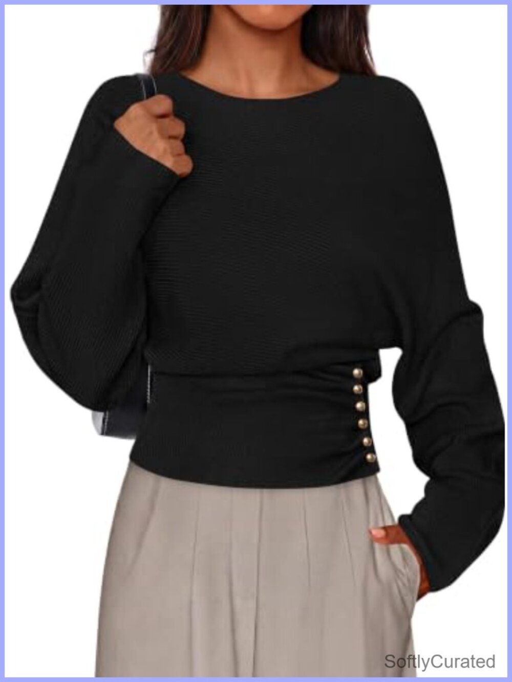 Batwing Sleeve Knit Sweater Pullover Ribbed Cinched Waist